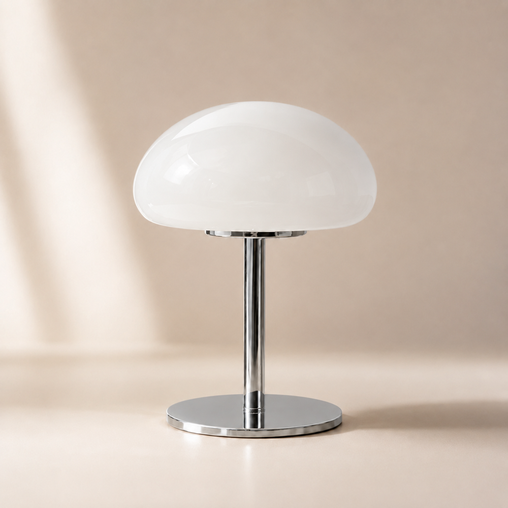 Lampe champignon en verre blanc, base chromée ronde