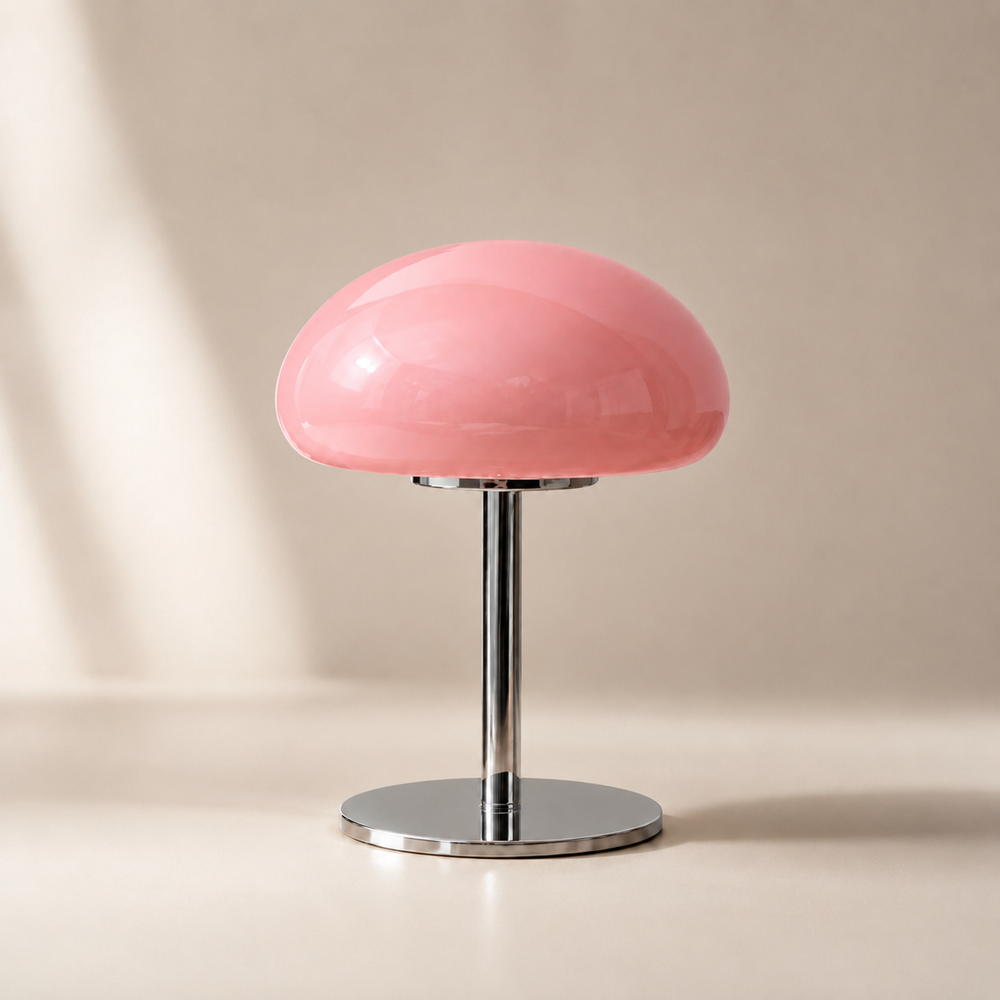 Lampe champignon en verre rose, base chromée ronde