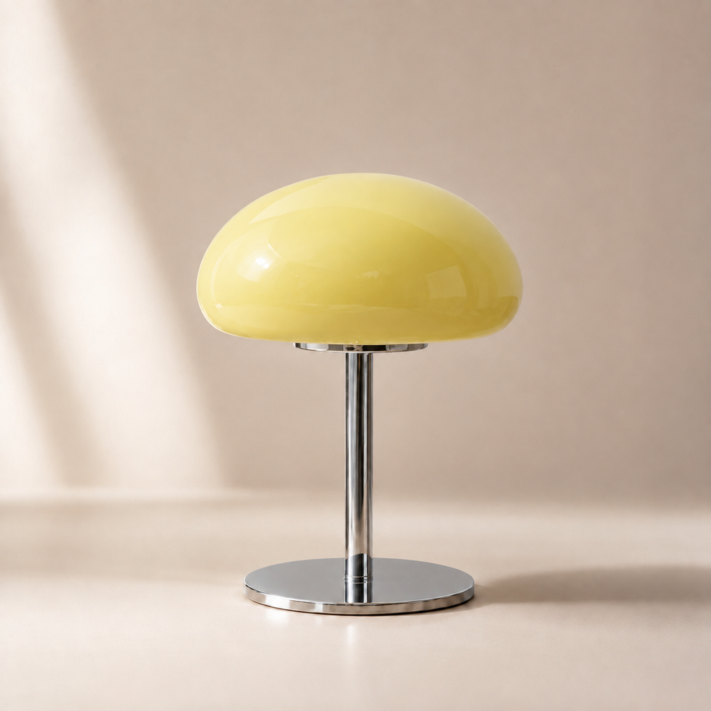 Lampe champignon en verre jaune, base chromée ronde