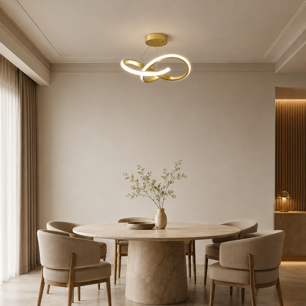 Suspension LED en anneau torsadé au plafond, finition dorée, éclairage blanc