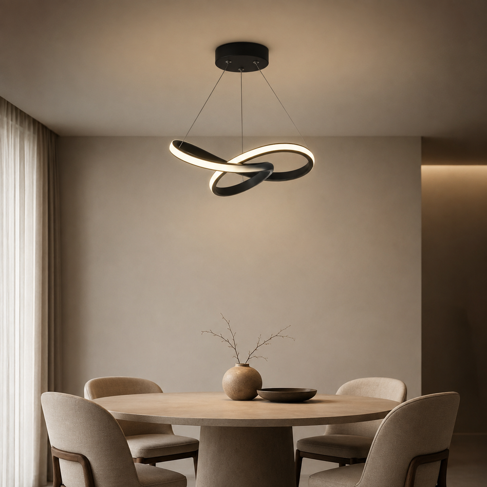 Suspension LED à anneau torsadé, finition noire, montage rond au plafond