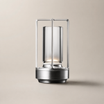 Lampe Fanal argentée, lanterne en verre rectangulaire et base cylindrique noire