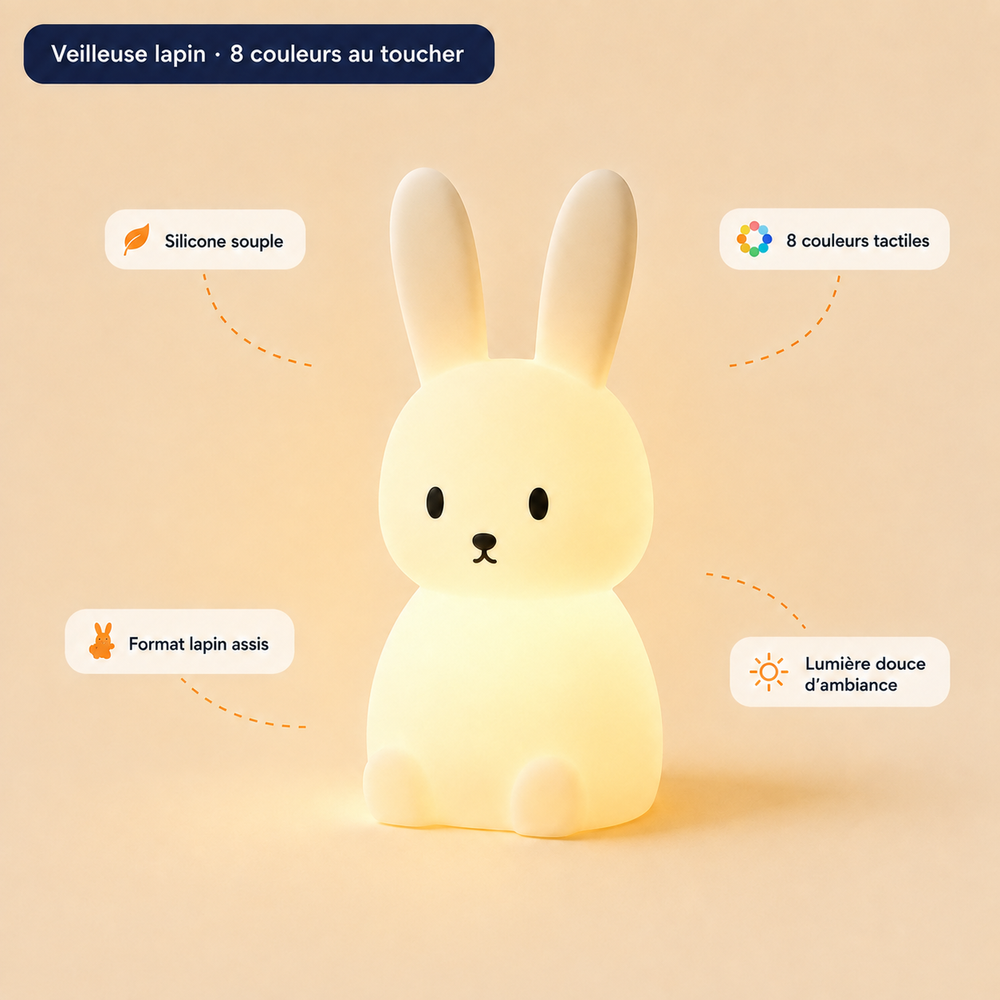 Veilleuse lapin en silicone, forme assise, visage noir et lumière chaude diffuse.