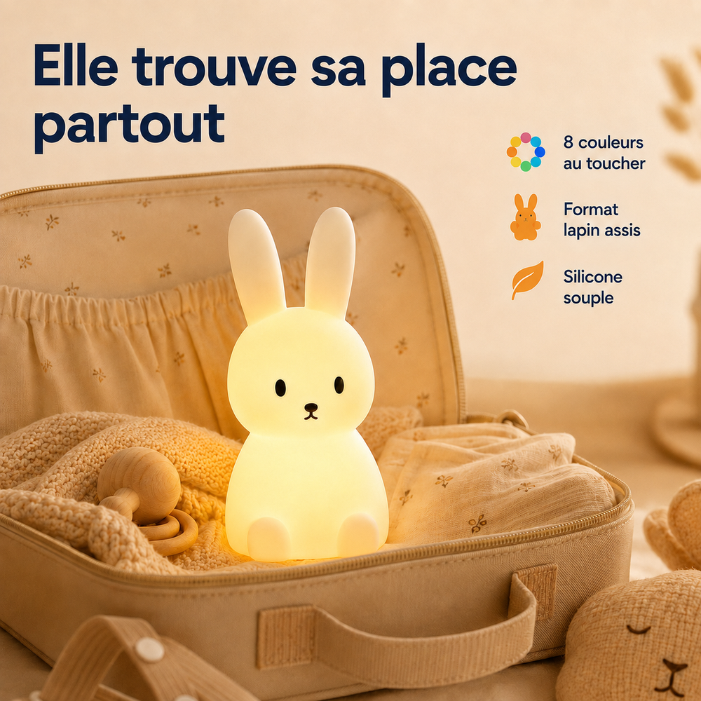 Veilleuse lapin en silicone, format lapin assis, lumière douce, dans une valisette.