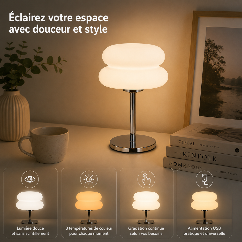 Lampe de table LED nuage blanche sur socle, pied chromé et lumière douce