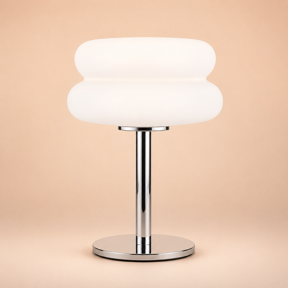 Lampe de table LED nuage blanche, abat-jour rond et pied chromé