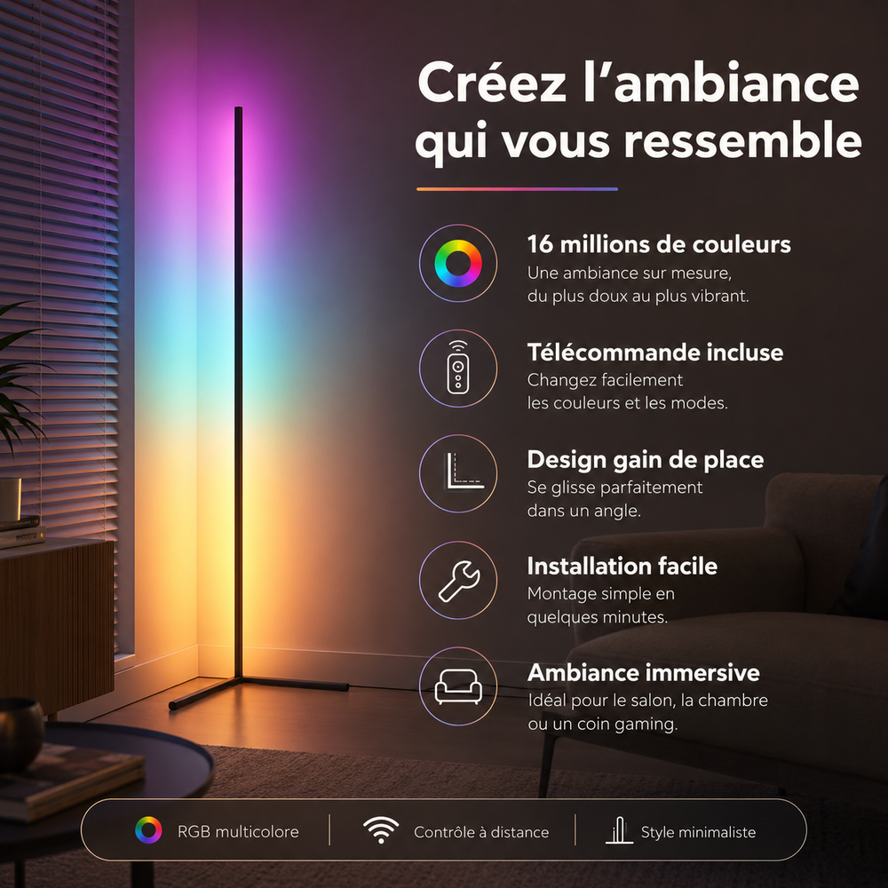 Lampadaire LED RGB sur pied, lumière dégradée colorée.