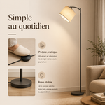Lampadaire au sol noir, abat-jour en lin beige, base ronde et stable