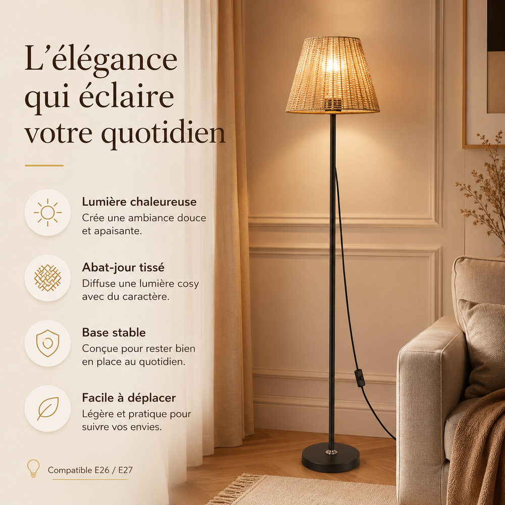 Lampadaire à abat-jour conique en rotin tissé, pied noir et tige fine