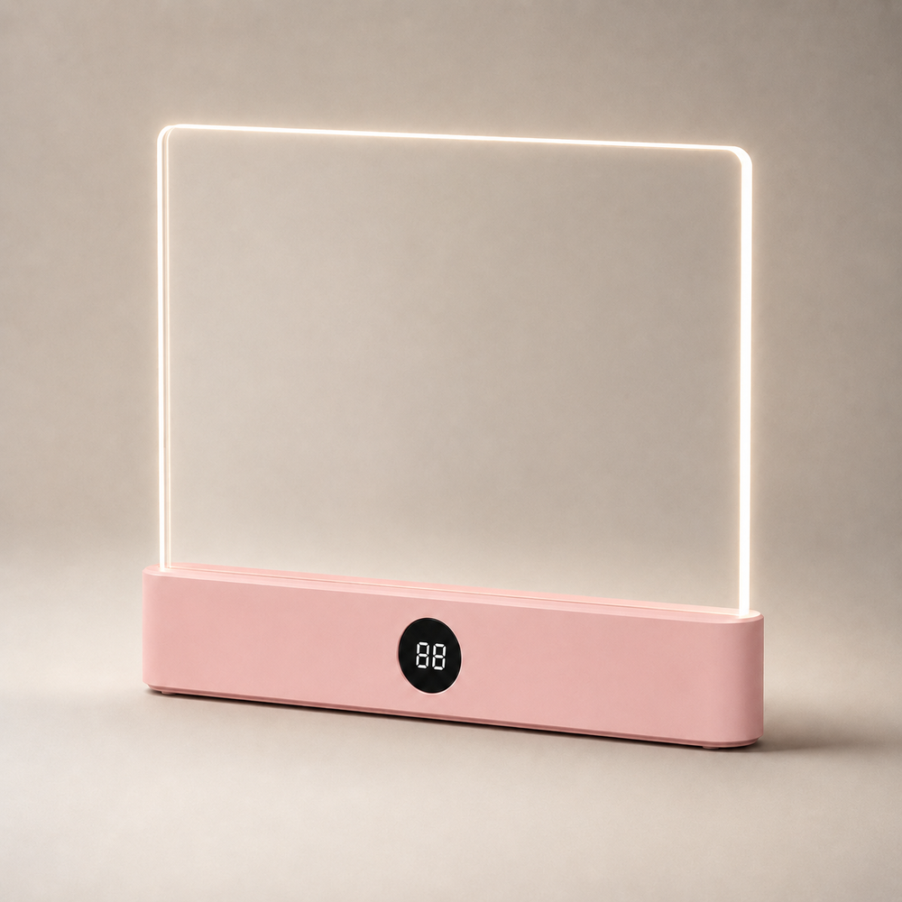 Lampe de lecture LED plate Luciole rose, base rectangulaire et panneau lumineux bord clair