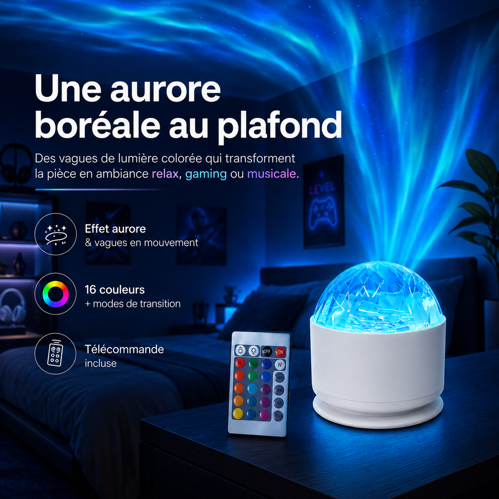 Lampe de projection aurora boréale LED bleue, dôme à effet vagues