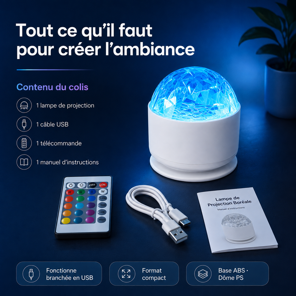 Lampe de projection aurora boréale blanche avec télécommande et câble USB