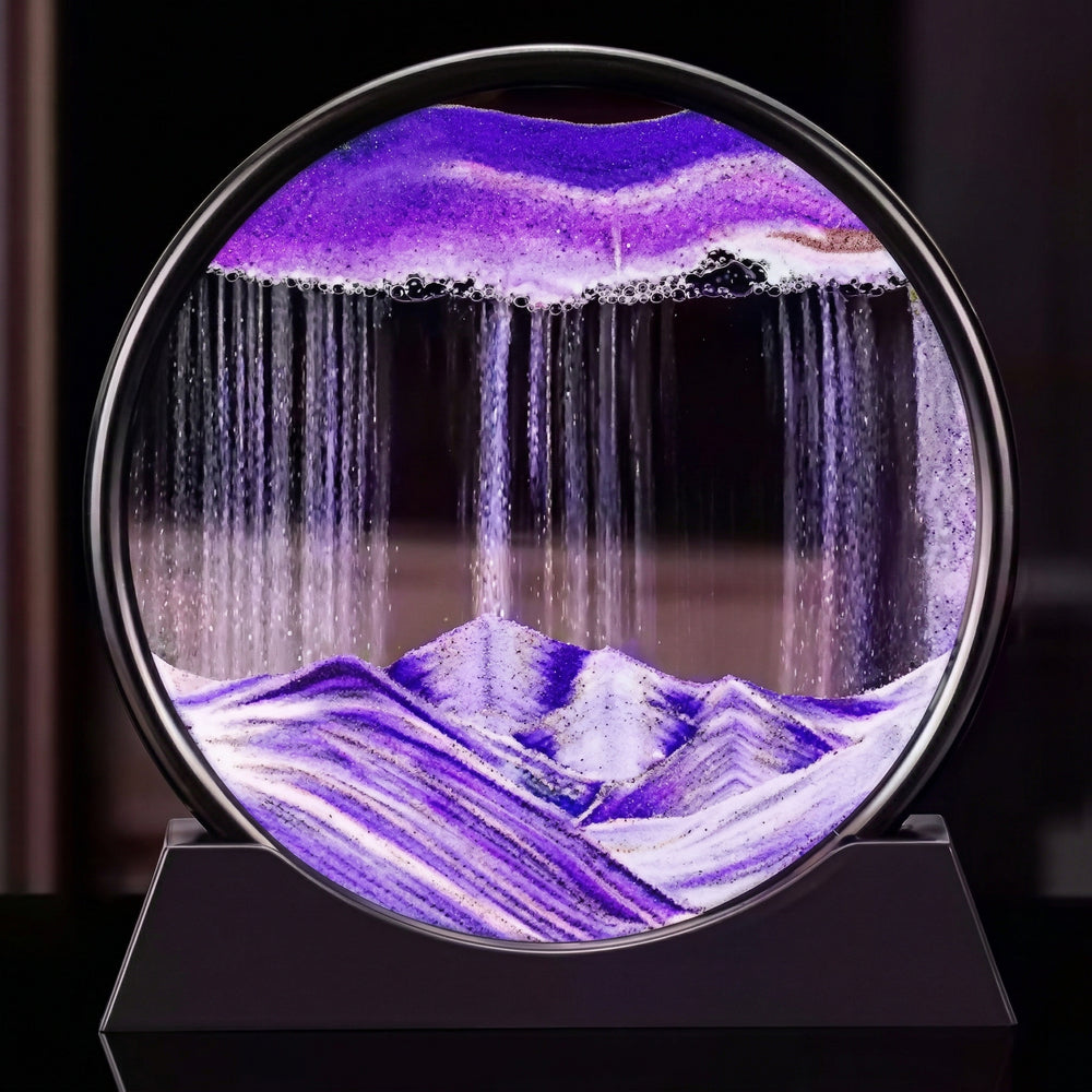 Lampe sablier cinétique LED ronde, relief violet avec effet cascade sur base noire.