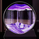 Lampe sablier cinétique LED ronde, relief violet avec effet cascade sur base noire.