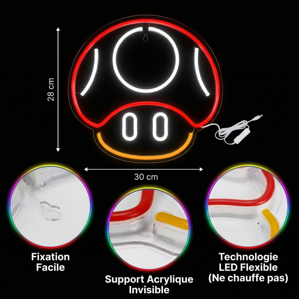 Mural néon champignon rétro : LED flexibles, 28×30 cm, support acrylique