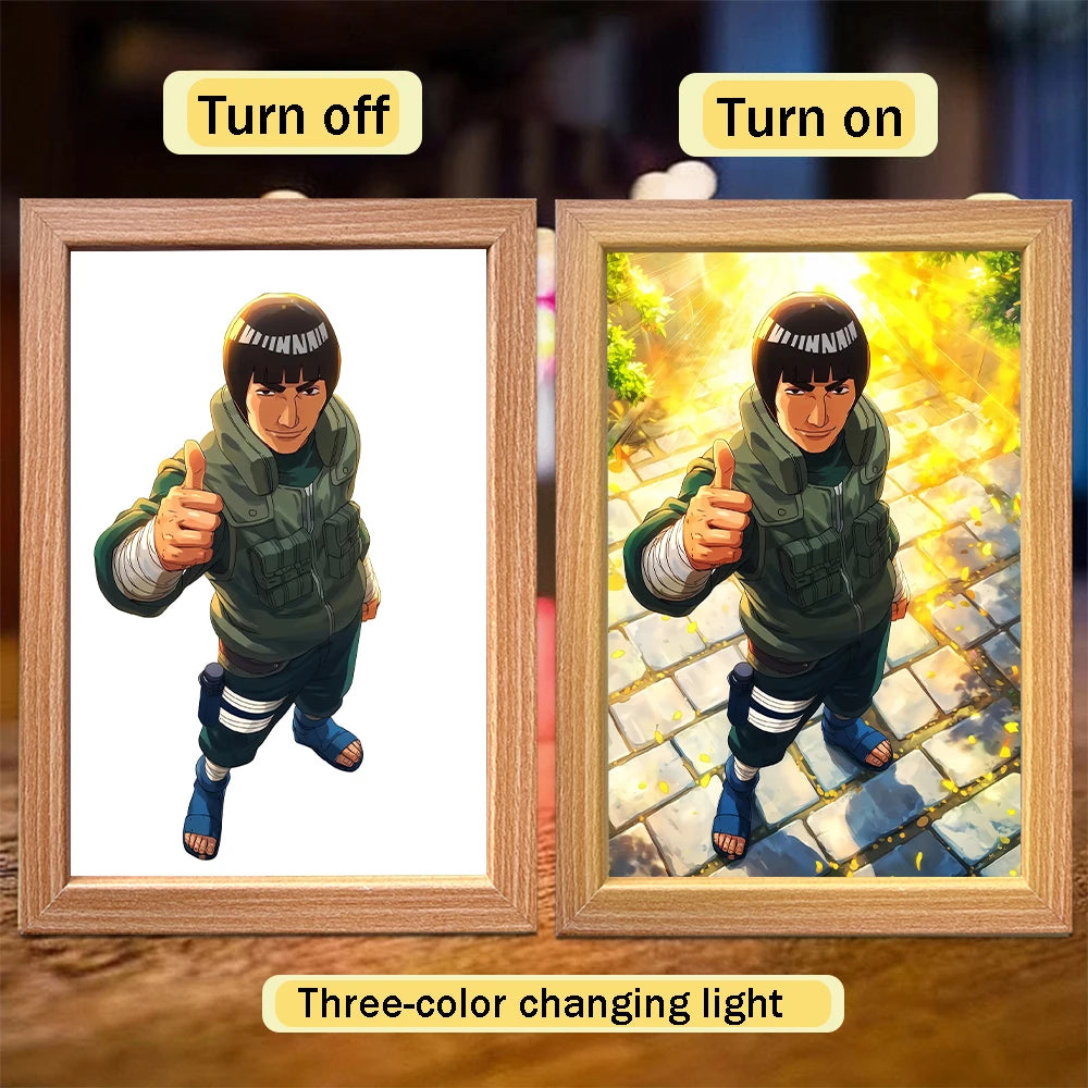 Cadre lumineux en bois avec illustration rétroéclairée d’un ninja en tenue verte