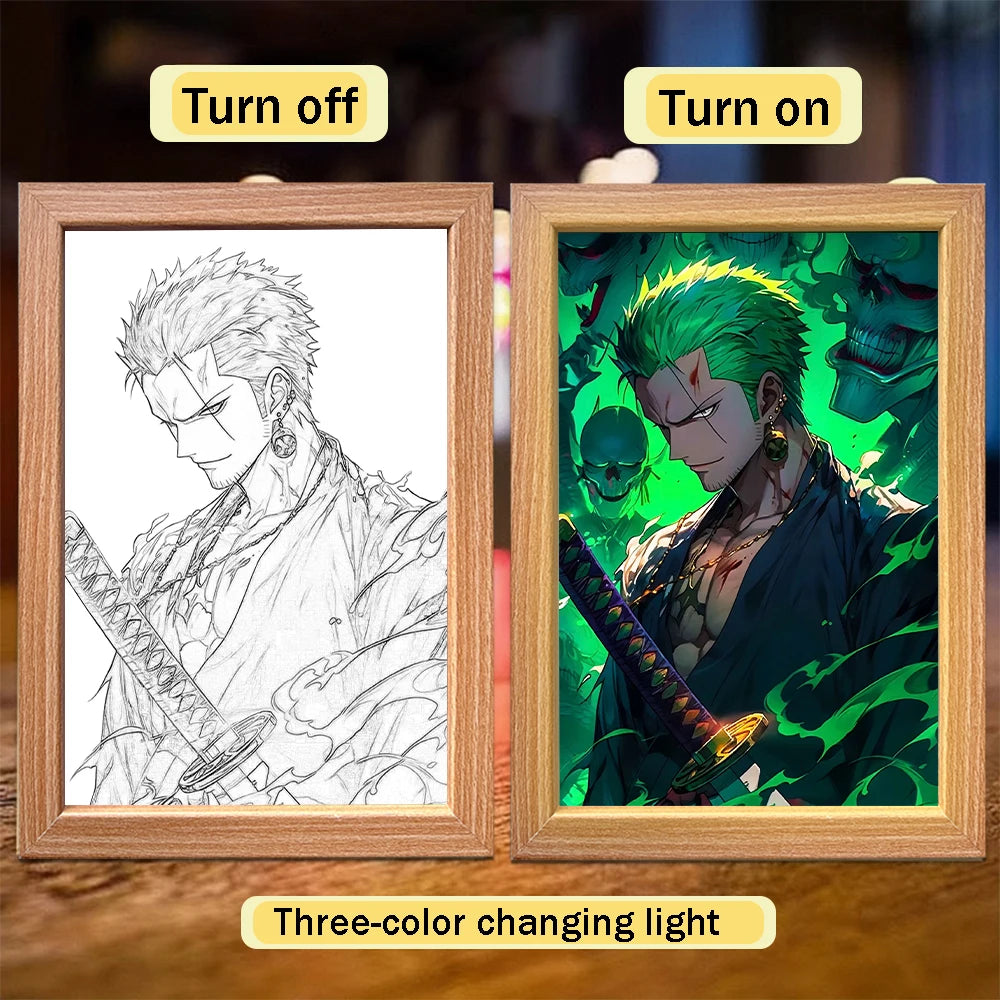 Deux cadres lumineux en bois : esquisse noir et blanc et illustration vert intense