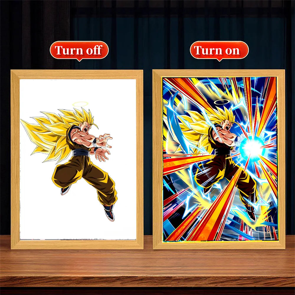 Paire de cadres LED en bois : personnage à cheveux blonds, une version allumée avec lumière intense.
