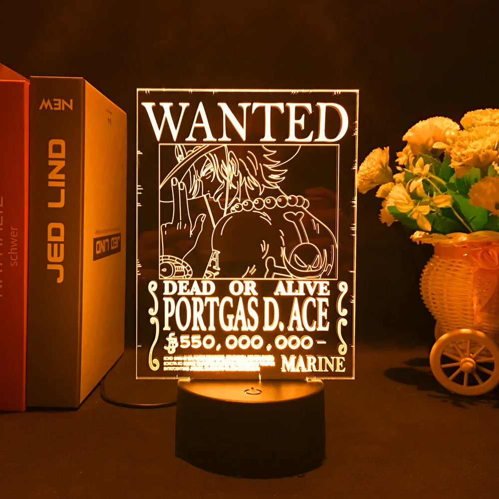 Lampe LED 3D One Piece, panneau « WANTED » Portgas D. Ace, base noire