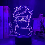 Veilleuse LED 3D manga sur socle noir, visage stylisé aux lignes lumineuses violettes.