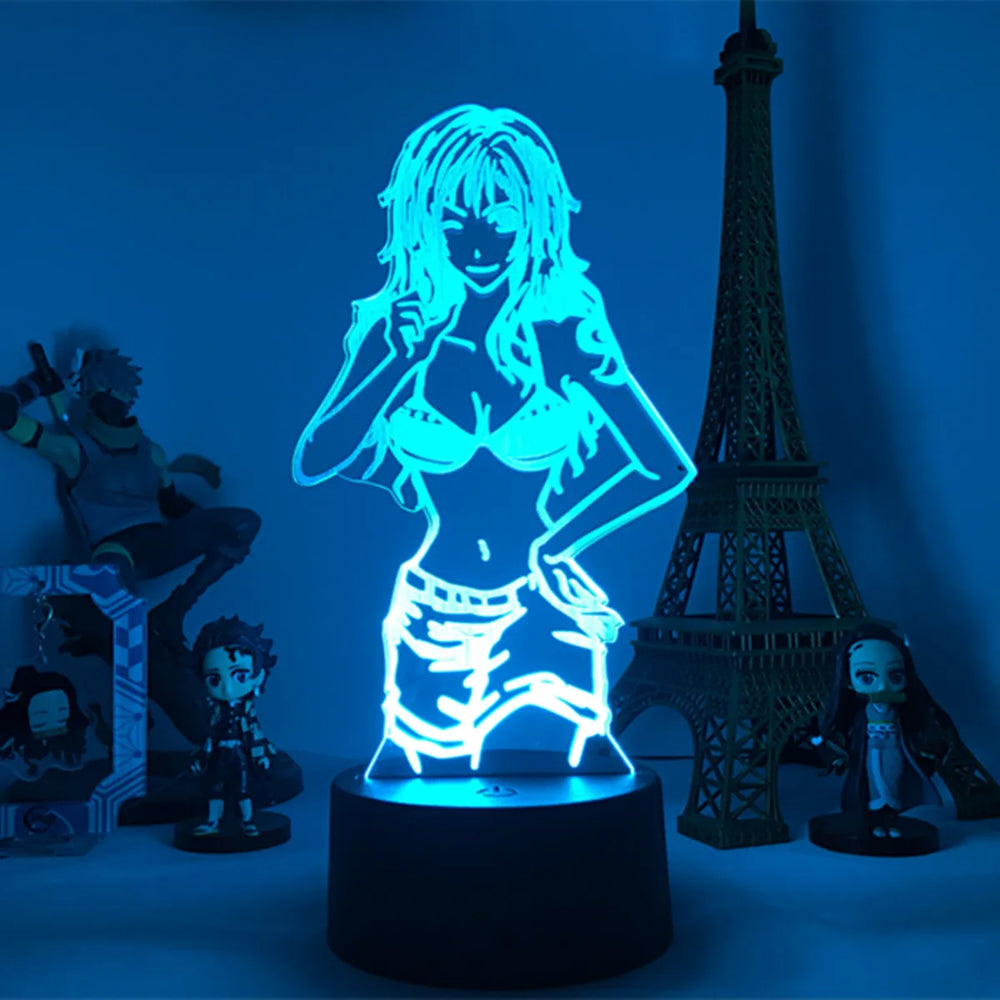 Lampe LED 3D silhouette de pirate en lignes bleues, socle noir cylindrique.