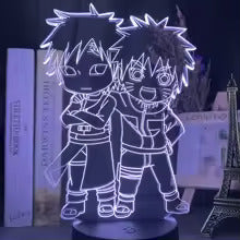 Lampe LED 3D veilleuse chibi ninjas sur socle rond, lueur violet/blanche
