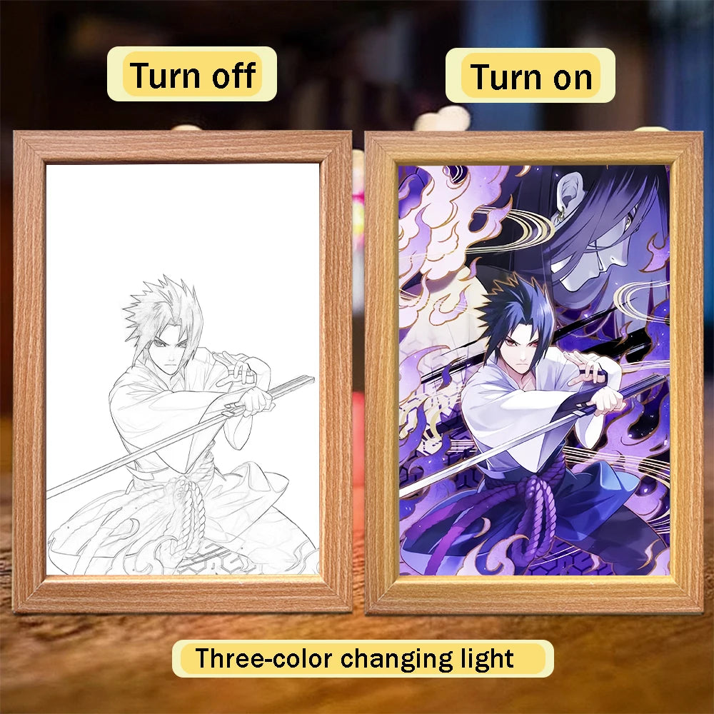 Cadre lumineux avec personnage en tenue sombre, visuel violet et lumière activée