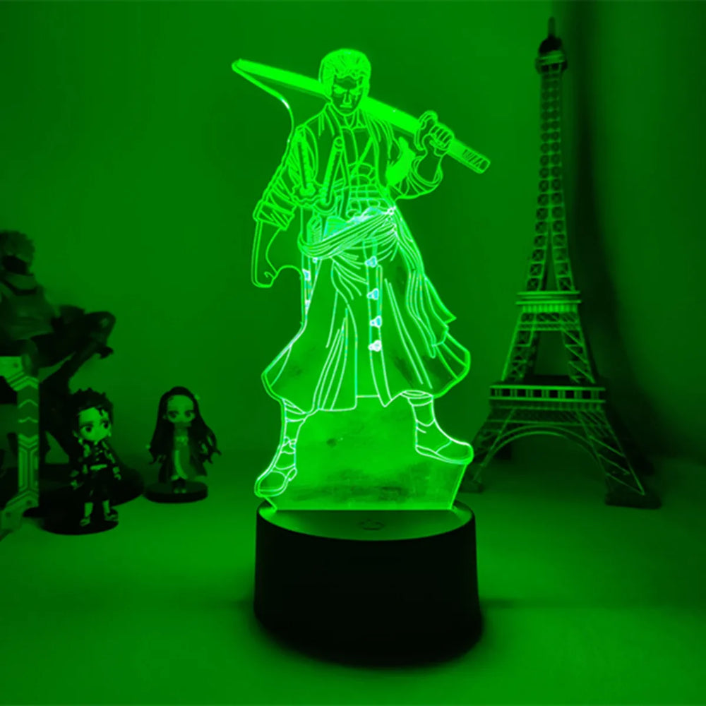Lampe LED 3D pirate en lignes vertes, socle noir cylindrique.