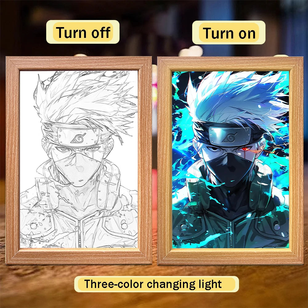 Cadre lumineux en bois avec illustration rétroéclairée de ninja bleu au bandeau