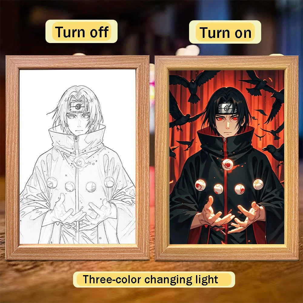 Cadre lumineux : esquisse monochrome et version colorée, ninja à cape noire