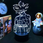 Lampe LED 3D silhouette de Goku, contour blanc, socle noir.