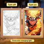Cadre lumineux en bois : ninja noir et blanc puis couleur, avec effet lumineux