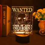 Lampe LED 3D One Piece, panneau « WANTED » Nico Robin, base noire