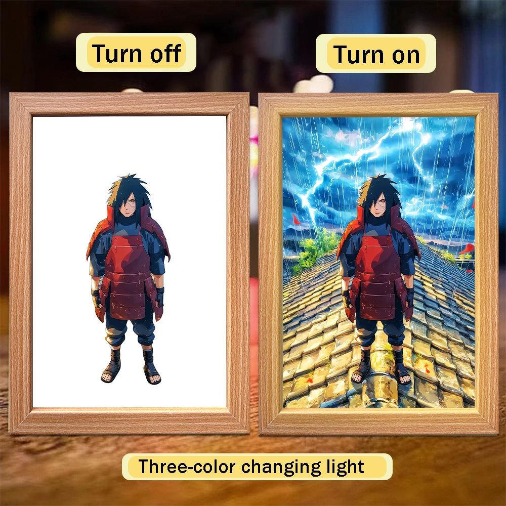 Cadre lumineux avec personnage ninja tenue rouge et noir, lumière bleue