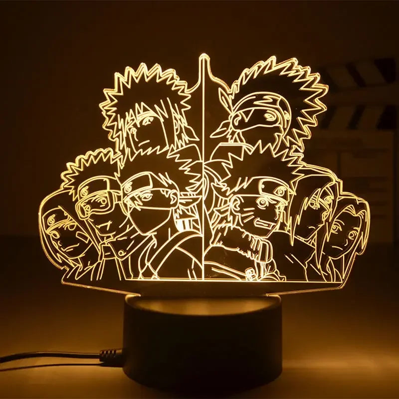 Veilleuse LED 3D manga : équipe de ninjas de Konoha debout, lumière dorée