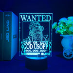 Lampe LED 3D One Piece, panneau « WANTED » God Usopp, base noire