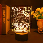 Lampe LED 3D One Piece, panneau « WANTED » Trafalgar Law, base noire