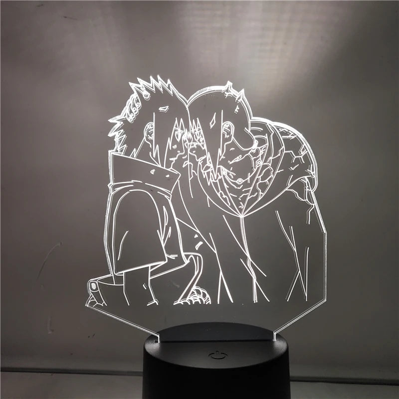 Veilleuse LED 3D manga sur socle noir, silhouette aux contours blancs sur plaque acrylique.