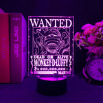 Lampe LED 3D One Piece, panneau « WANTED » Monkey D. Luffy, base noire