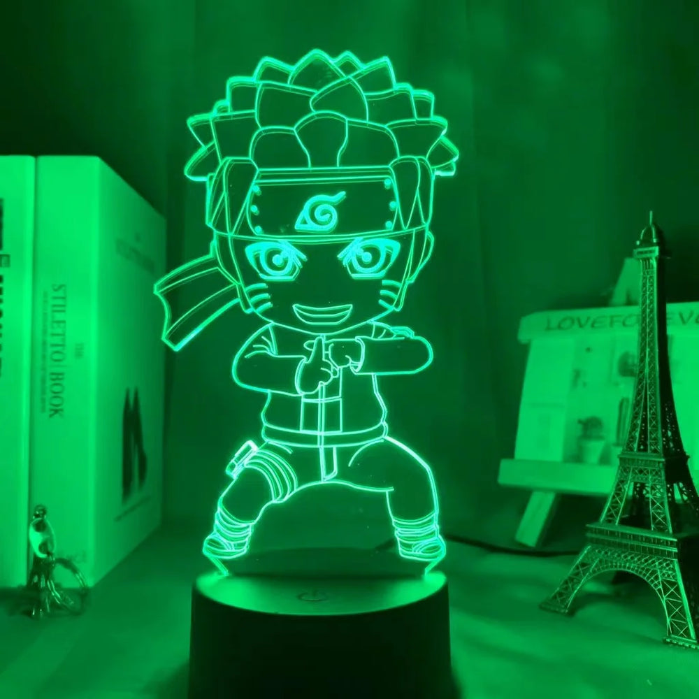Lampe LED 3D veilleuse chibi ninja Naruto, lueur verte, silhouette sur socle rond
