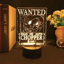 Lampe LED 3D One Piece, panneau « WANTED » Chopper, base noire