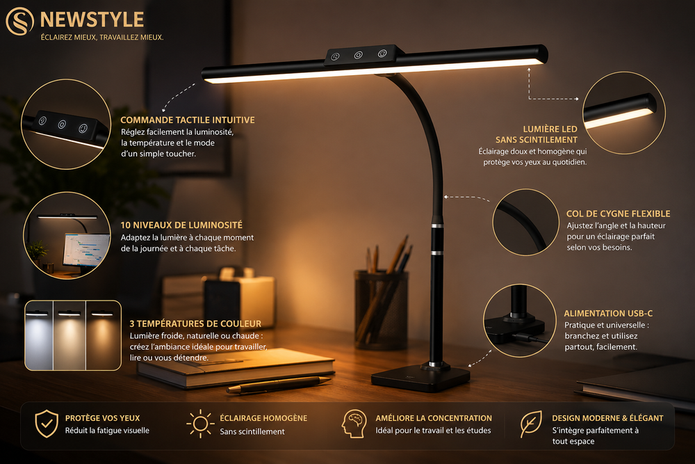 Lampe LED flexible avec panneau de commandes, col de cygne et base