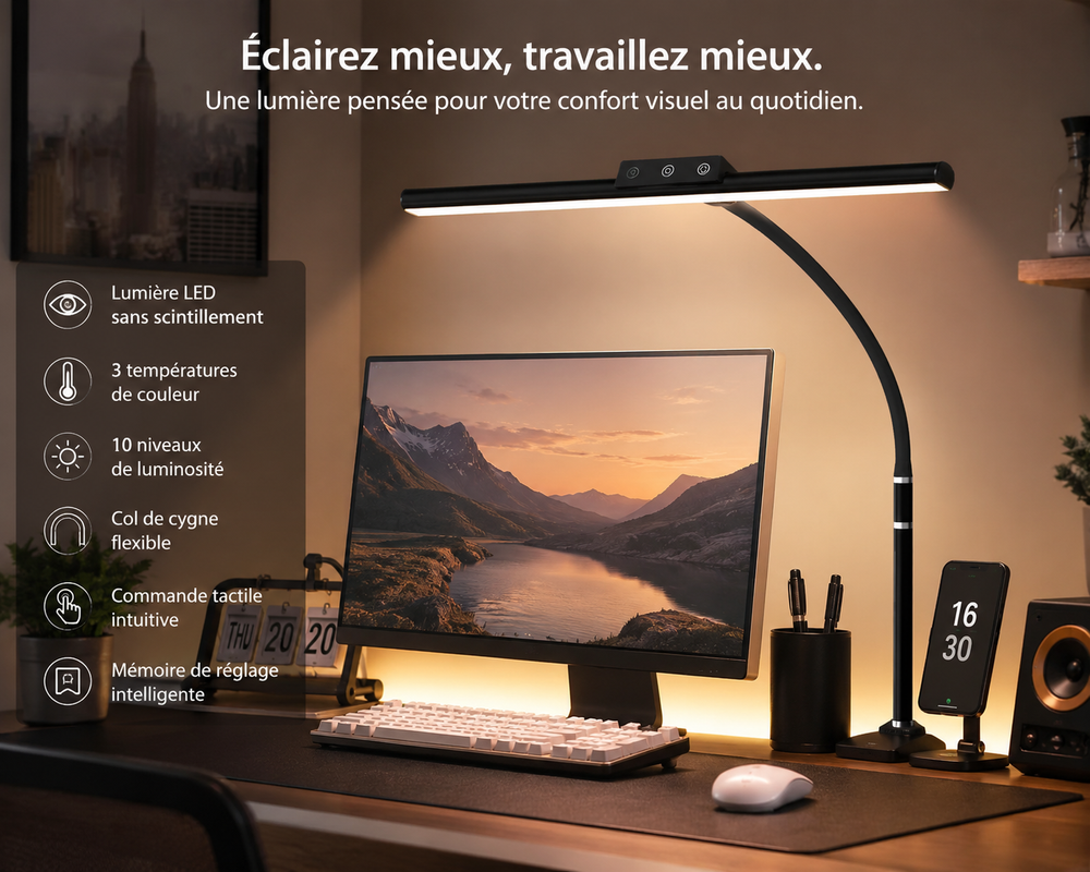 Lampe de bureau LED flexible, 3 températures et 10 niveaux de luminosité, col de cygne