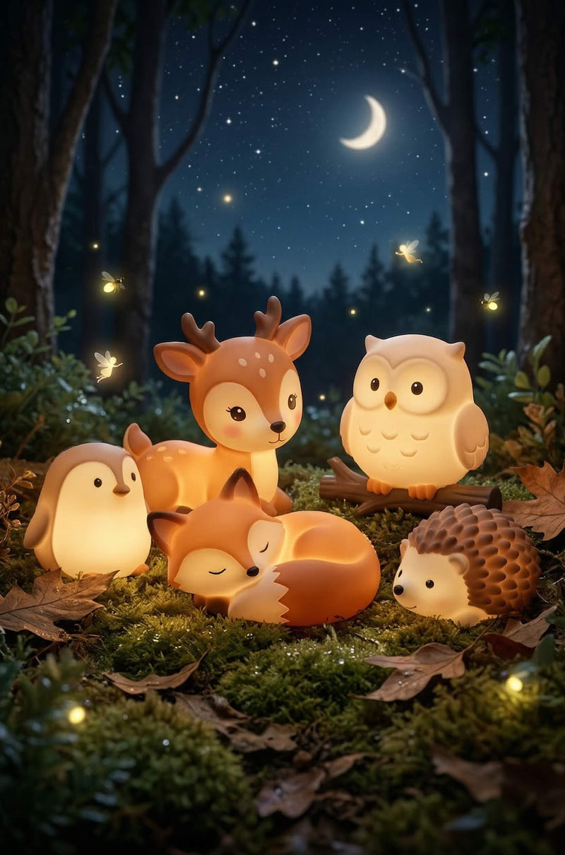 Illustration féerique 3D d'une forêt nocturne où repose une collection de veilleuses en forme d'animaux de la forêt (faon, renard endormi, chouette, pingouin, hérisson). Ces « Amis de la Forêt » diffusent une lumière douce et chaleureuse sur de la mousse, sous un ciel étoilé avec un croissant de lune, créant une ambiance rassurante « Petit Cocon » pour une chambre d'enfant. De petites fées volent autour.